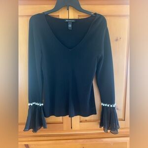 INC International Concepts Black V-Neck Blouse with Pearl Cuffs